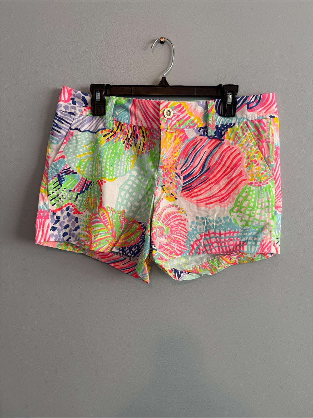 Lilly Pulitzer Neon Shell-Print Cotton Shorts — Pink, Green, Blue